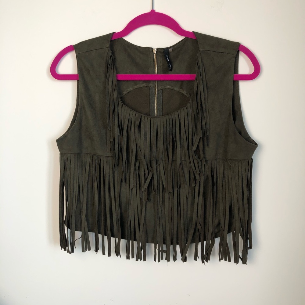 San Joy Military Green Faux Suede Top Size L